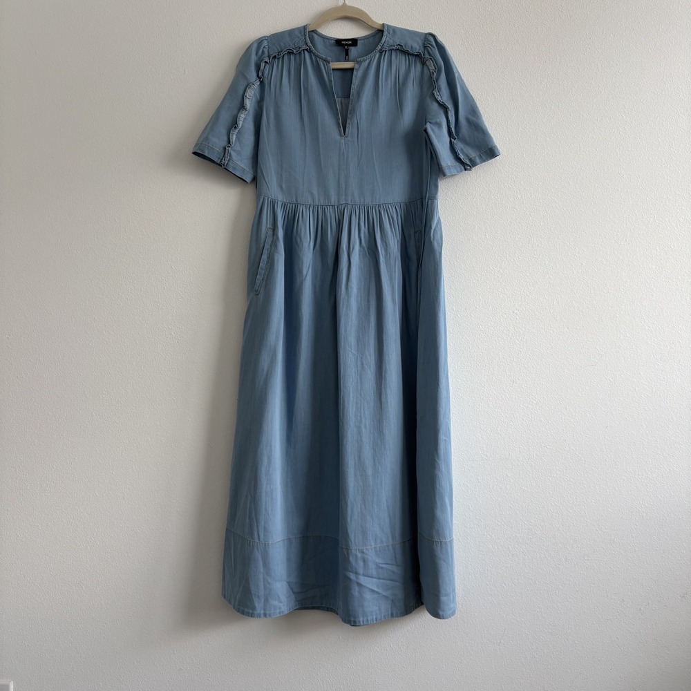 ME+EM Chambray Relaxed Ruffle Midi Dress Women 2 Blue Deep V Short Sleeve Pocket